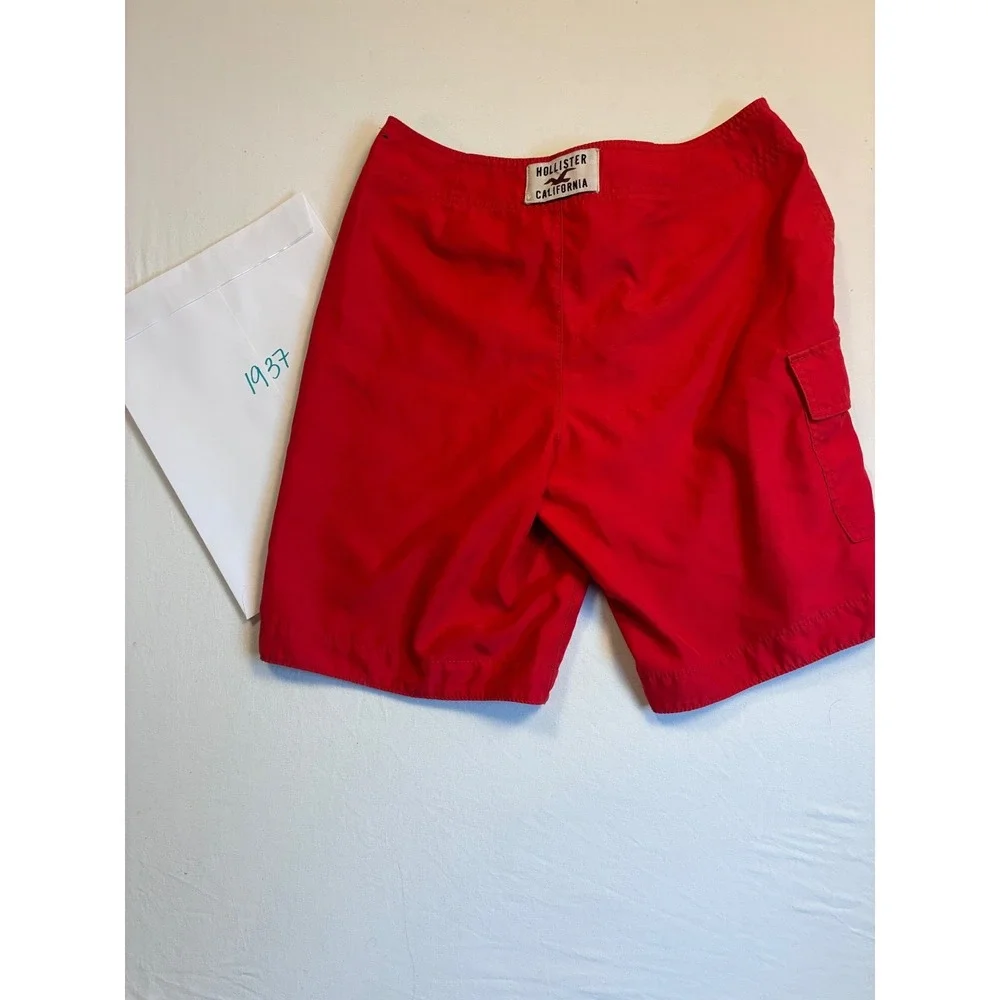 Hollister Men's Red Swim Board Shorts S Neon Green Logo Cargo Pocket Beach